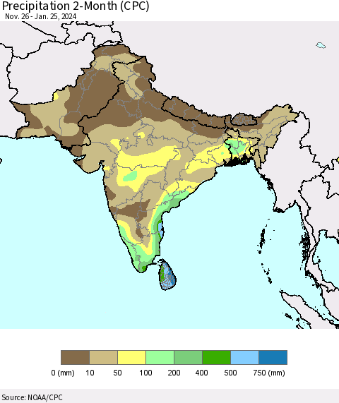 Southern Asia Precipitation 2-Month (CPC) Thematic Map For 11/26/2023 - 1/25/2024