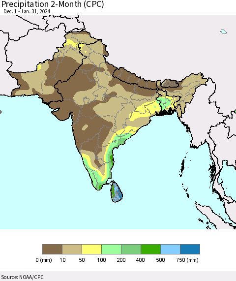Southern Asia Precipitation 2-Month (CPC) Thematic Map For 12/1/2023 - 1/31/2024