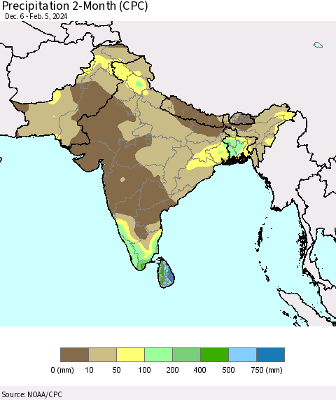 Southern Asia Precipitation 2-Month (CPC) Thematic Map For 12/6/2023 - 2/5/2024