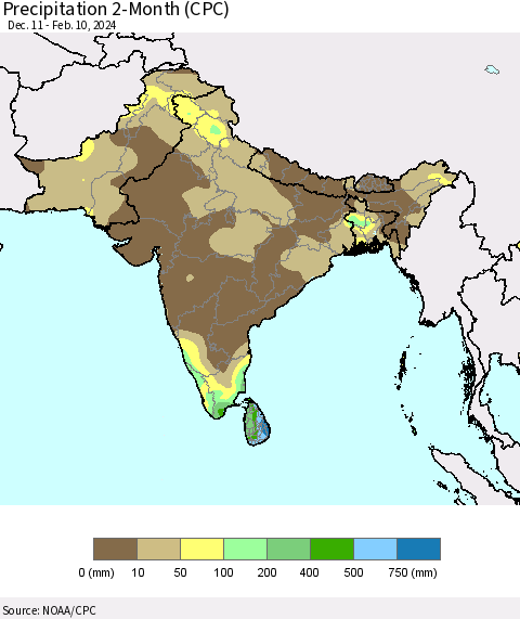 Southern Asia Precipitation 2-Month (CPC) Thematic Map For 12/11/2023 - 2/10/2024