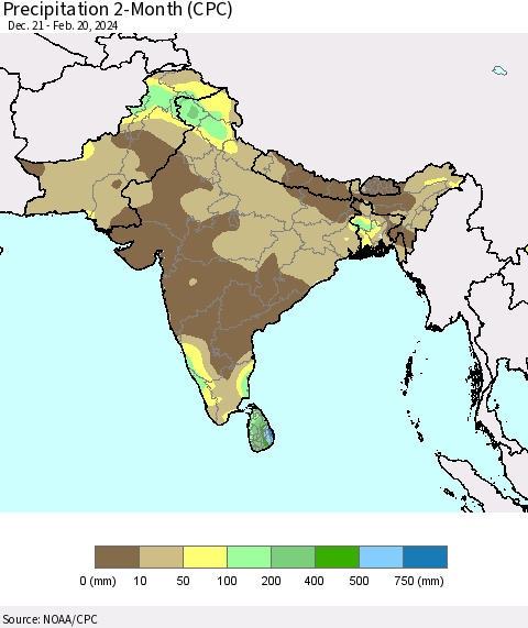 Southern Asia Precipitation 2-Month (CPC) Thematic Map For 12/21/2023 - 2/20/2024