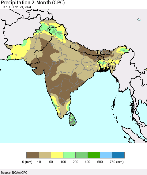 Southern Asia Precipitation 2-Month (CPC) Thematic Map For 1/1/2024 - 2/29/2024
