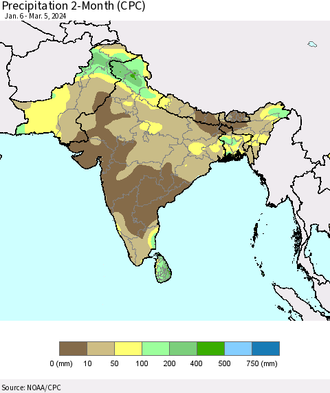 Southern Asia Precipitation 2-Month (CPC) Thematic Map For 1/6/2024 - 3/5/2024