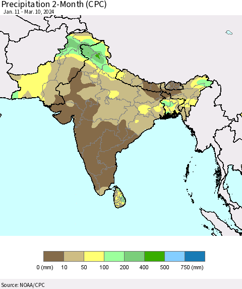 Southern Asia Precipitation 2-Month (CPC) Thematic Map For 1/11/2024 - 3/10/2024
