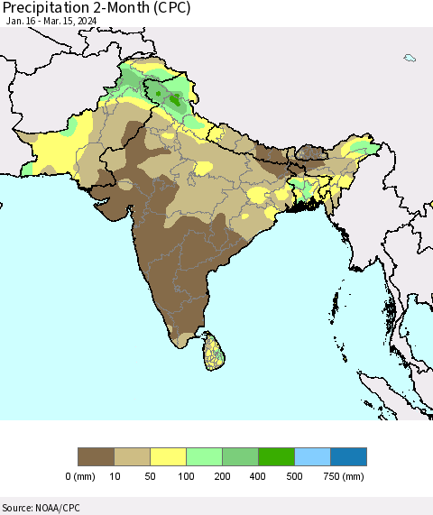 Southern Asia Precipitation 2-Month (CPC) Thematic Map For 1/16/2024 - 3/15/2024