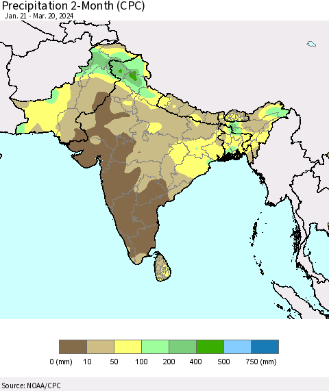 Southern Asia Precipitation 2-Month (CPC) Thematic Map For 1/21/2024 - 3/20/2024