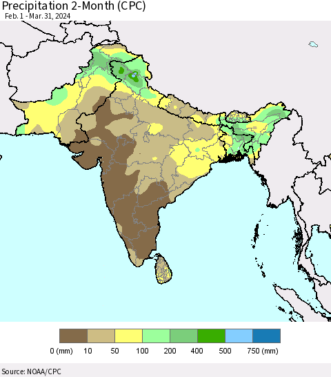 Southern Asia Precipitation 2-Month (CPC) Thematic Map For 2/1/2024 - 3/31/2024