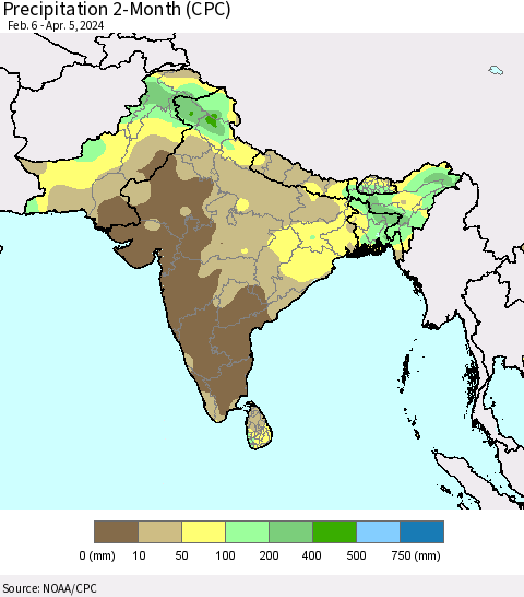 Southern Asia Precipitation 2-Month (CPC) Thematic Map For 2/6/2024 - 4/5/2024