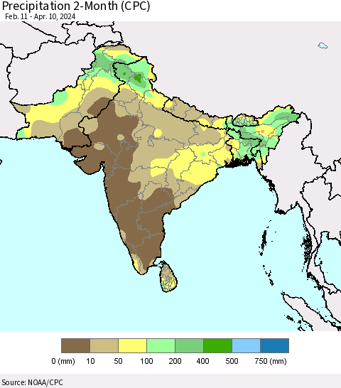 Southern Asia Precipitation 2-Month (CPC) Thematic Map For 2/11/2024 - 4/10/2024