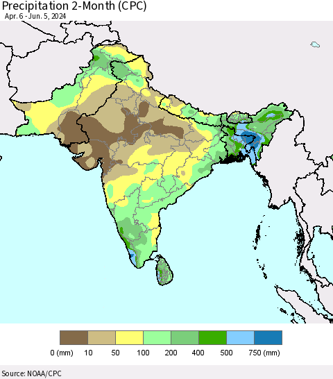 Southern Asia Precipitation 2-Month (CPC) Thematic Map For 4/6/2024 - 6/5/2024