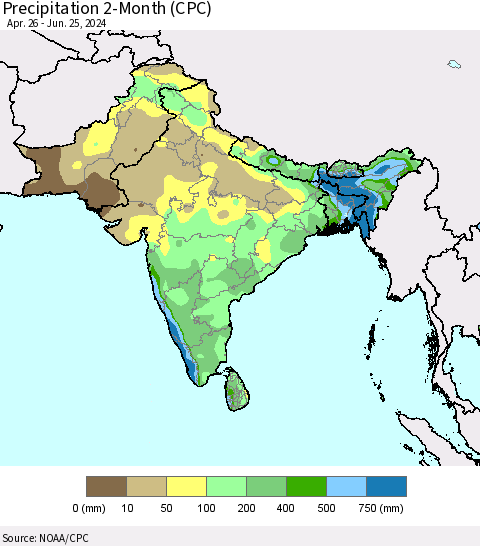 Southern Asia Precipitation 2-Month (CPC) Thematic Map For 4/26/2024 - 6/25/2024