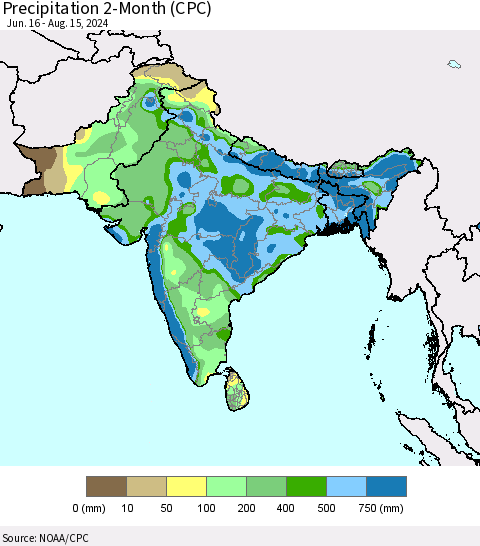 Southern Asia Precipitation 2-Month (CPC) Thematic Map For 6/16/2024 - 8/15/2024