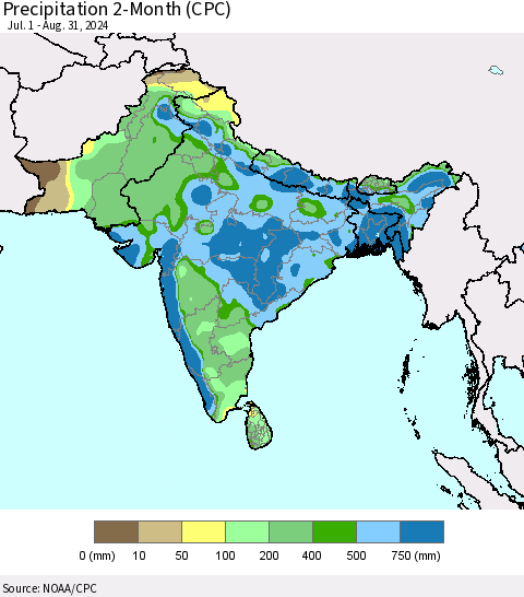 Southern Asia Precipitation 2-Month (CPC) Thematic Map For 7/1/2024 - 8/31/2024