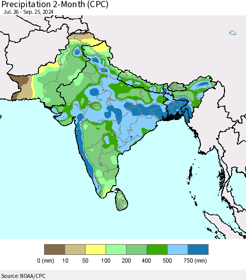 Southern Asia Precipitation 2-Month (CPC) Thematic Map For 7/26/2024 - 9/25/2024