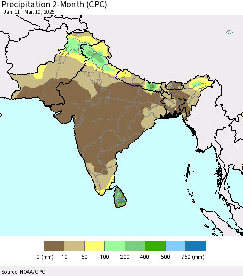 Southern Asia Precipitation 2-Month (CPC) Thematic Map For 1/11/2025 - 3/10/2025