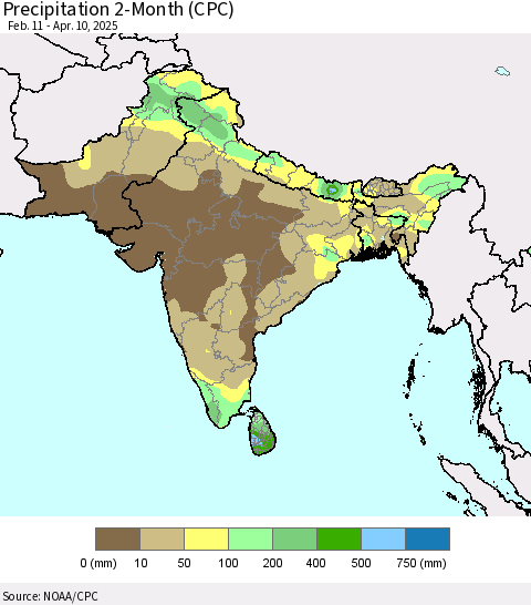 Southern Asia Precipitation 2-Month (CPC) Thematic Map For 2/11/2025 - 4/10/2025