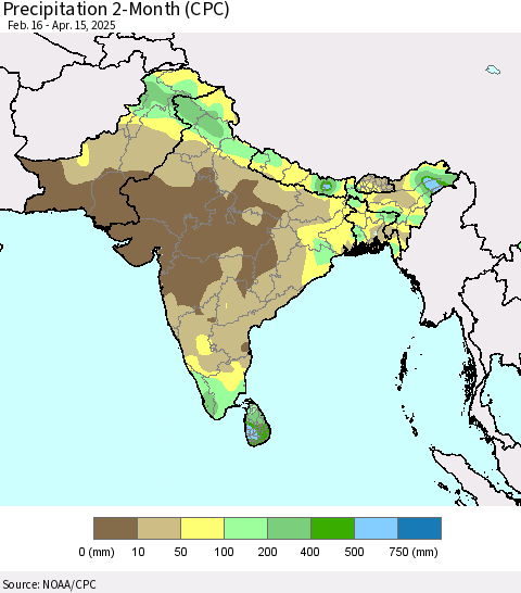 Southern Asia Precipitation 2-Month (CPC) Thematic Map For 2/16/2025 - 4/15/2025