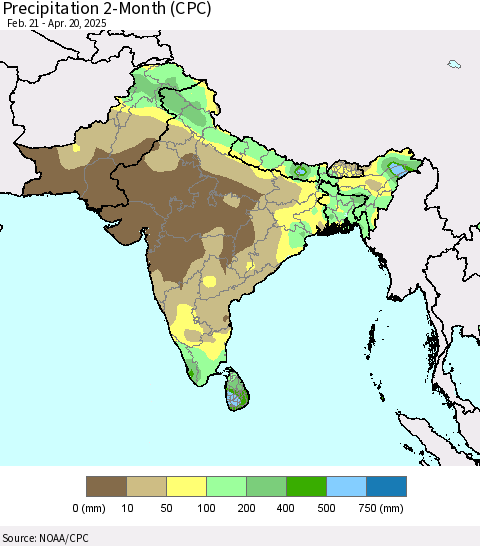 Southern Asia Precipitation 2-Month (CPC) Thematic Map For 2/21/2025 - 4/20/2025