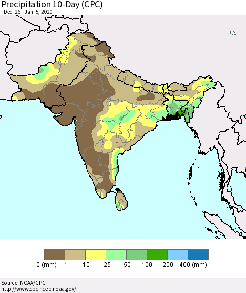 Southern Asia Precipitation 10-Day (CPC) Thematic Map For 12/26/2019 - 1/5/2020