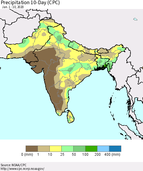 Southern Asia Precipitation 10-Day (CPC) Thematic Map For 1/1/2020 - 1/10/2020