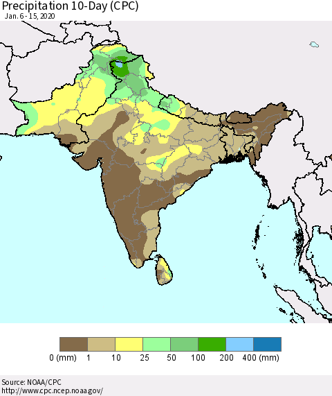Southern Asia Precipitation 10-Day (CPC) Thematic Map For 1/6/2020 - 1/15/2020