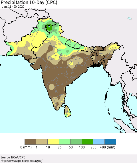 Southern Asia Precipitation 10-Day (CPC) Thematic Map For 1/11/2020 - 1/20/2020