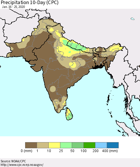 Southern Asia Precipitation 10-Day (CPC) Thematic Map For 1/16/2020 - 1/25/2020
