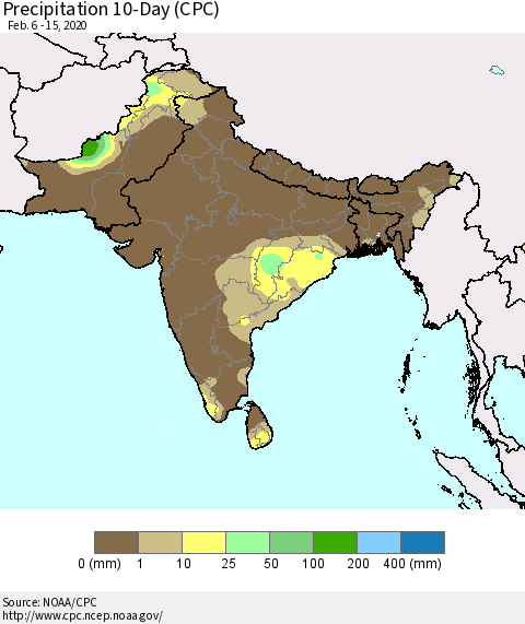 Southern Asia Precipitation 10-Day (CPC) Thematic Map For 2/6/2020 - 2/15/2020