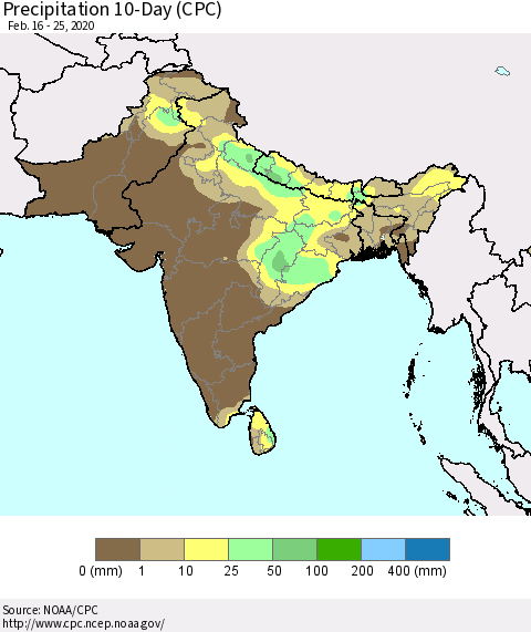 Southern Asia Precipitation 10-Day (CPC) Thematic Map For 2/16/2020 - 2/25/2020