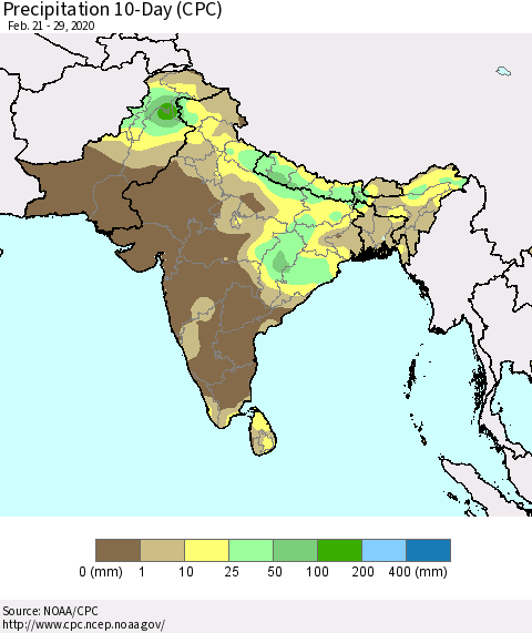 Southern Asia Precipitation 10-Day (CPC) Thematic Map For 2/21/2020 - 2/29/2020
