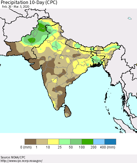 Southern Asia Precipitation 10-Day (CPC) Thematic Map For 2/26/2020 - 3/5/2020