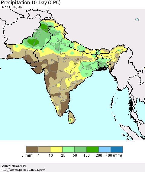 Southern Asia Precipitation 10-Day (CPC) Thematic Map For 3/1/2020 - 3/10/2020