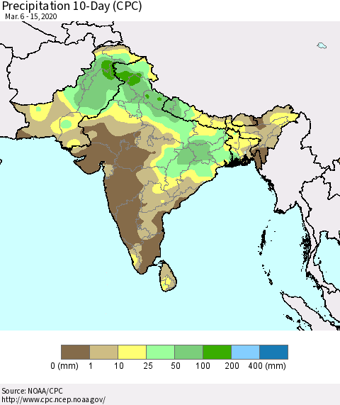 Southern Asia Precipitation 10-Day (CPC) Thematic Map For 3/6/2020 - 3/15/2020