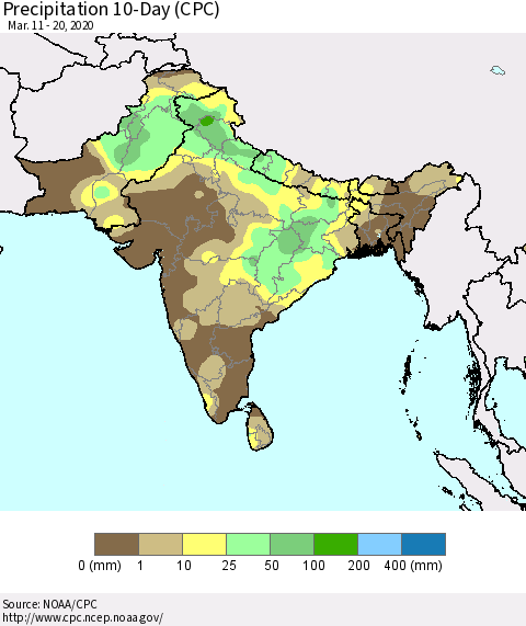 Southern Asia Precipitation 10-Day (CPC) Thematic Map For 3/11/2020 - 3/20/2020