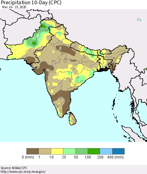 Southern Asia Precipitation 10-Day (CPC) Thematic Map For 3/16/2020 - 3/25/2020