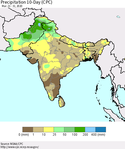 Southern Asia Precipitation 10-Day (CPC) Thematic Map For 3/21/2020 - 3/31/2020