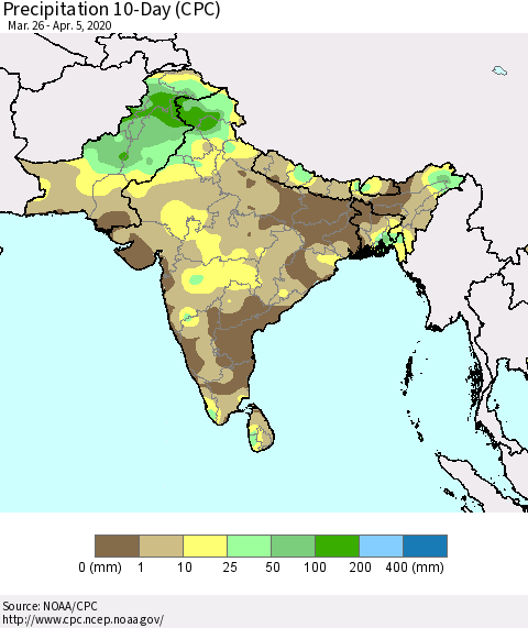 Southern Asia Precipitation 10-Day (CPC) Thematic Map For 3/26/2020 - 4/5/2020