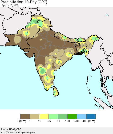 Southern Asia Precipitation 10-Day (CPC) Thematic Map For 4/1/2020 - 4/10/2020
