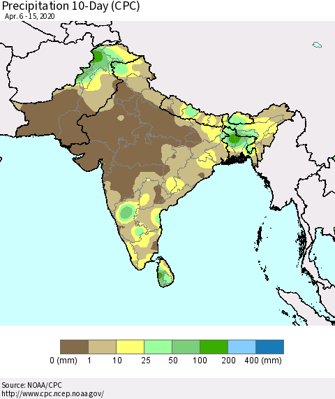 Southern Asia Precipitation 10-Day (CPC) Thematic Map For 4/6/2020 - 4/15/2020