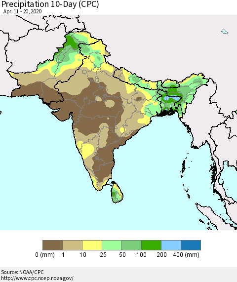 Southern Asia Precipitation 10-Day (CPC) Thematic Map For 4/11/2020 - 4/20/2020