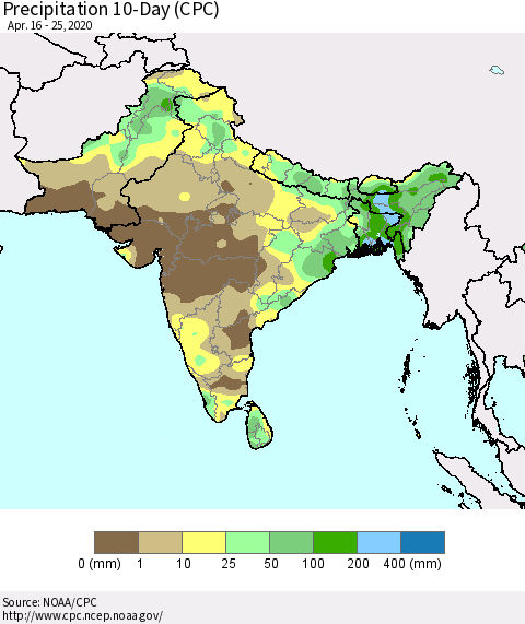Southern Asia Precipitation 10-Day (CPC) Thematic Map For 4/16/2020 - 4/25/2020