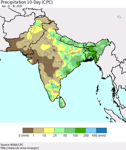 Southern Asia Precipitation 10-Day (CPC) Thematic Map For 4/21/2020 - 4/30/2020
