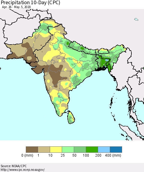 Southern Asia Precipitation 10-Day (CPC) Thematic Map For 4/26/2020 - 5/5/2020