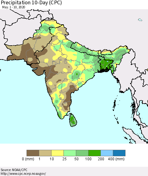 Southern Asia Precipitation 10-Day (CPC) Thematic Map For 5/1/2020 - 5/10/2020