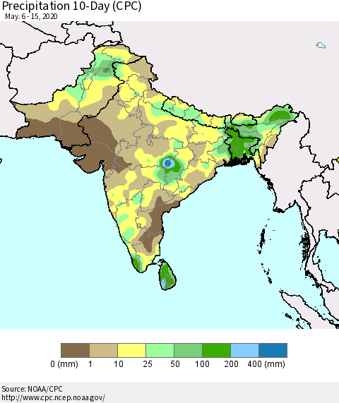 Southern Asia Precipitation 10-Day (CPC) Thematic Map For 5/6/2020 - 5/15/2020
