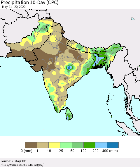 Southern Asia Precipitation 10-Day (CPC) Thematic Map For 5/11/2020 - 5/20/2020