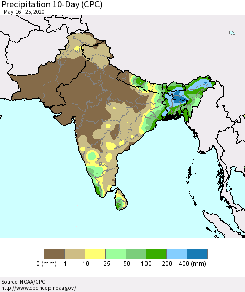 Southern Asia Precipitation 10-Day (CPC) Thematic Map For 5/16/2020 - 5/25/2020