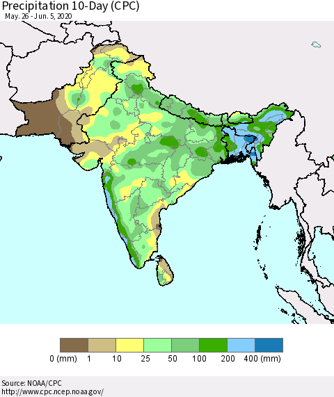 Southern Asia Precipitation 10-Day (CPC) Thematic Map For 5/26/2020 - 6/5/2020