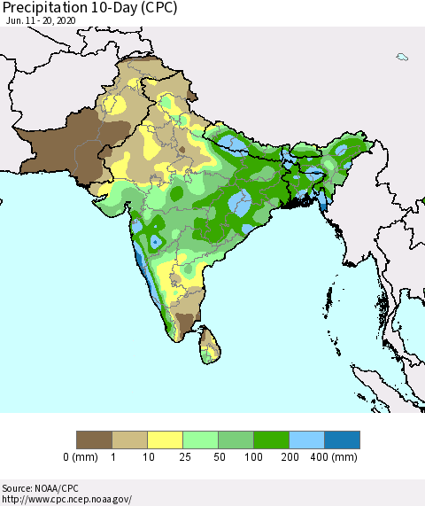 Southern Asia Precipitation 10-Day (CPC) Thematic Map For 6/11/2020 - 6/20/2020