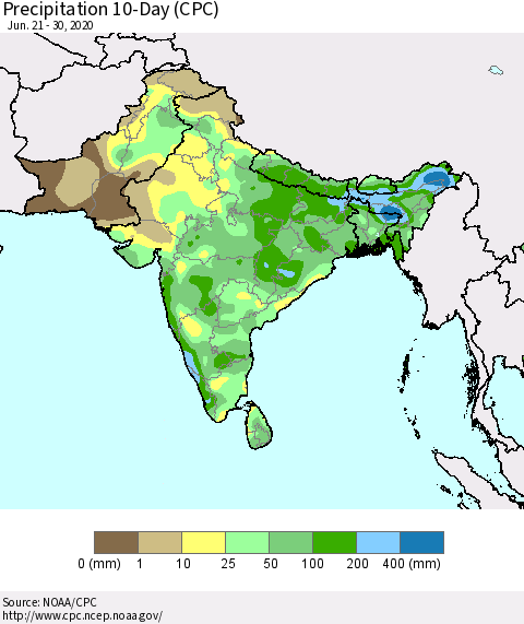 Southern Asia Precipitation 10-Day (CPC) Thematic Map For 6/21/2020 - 6/30/2020